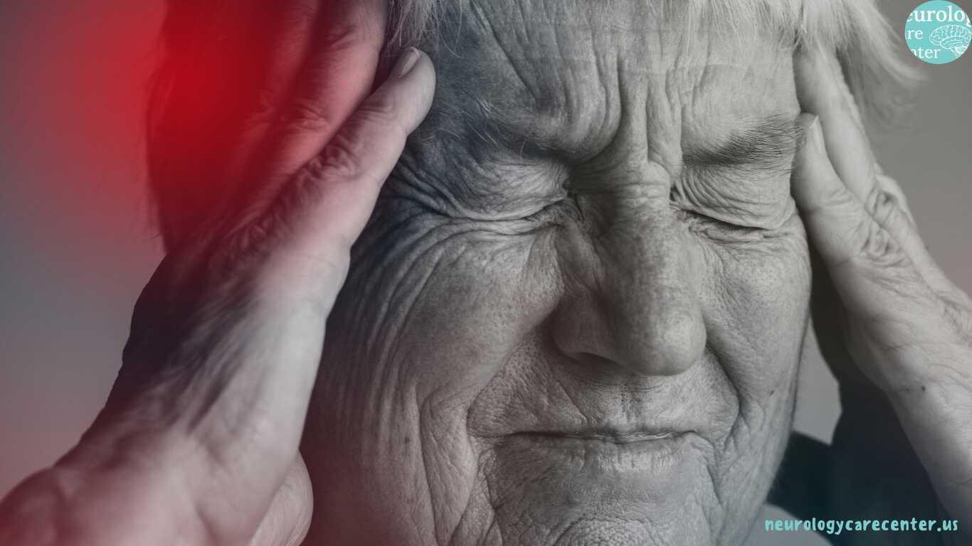 Elderly woman holding her head in pain, representing memory loss and confusion linked to Alzheimer's Disease.